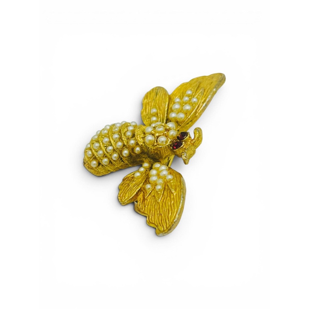 Vintage Gold-Tone Bee Brooch | Faux Seed Pearl Cabochons & Red Rhinestone Eyes - Picture 3 of 7